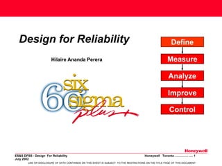 Design for Reliability
Hilaire Ananda Perera

Define
Measure
Analyze
Improve
Control

ES&S DFSS - Design For Reliability
July 2002

Honeywell Toronto …………. …. 1

USE OR DISCLOSURE OF DATA CONTAINED ON THIS SHEET IS SUBJECT TO THE RESTRICTIONS ON THE TITLE PAGE OF THIS DOCUMENT

 