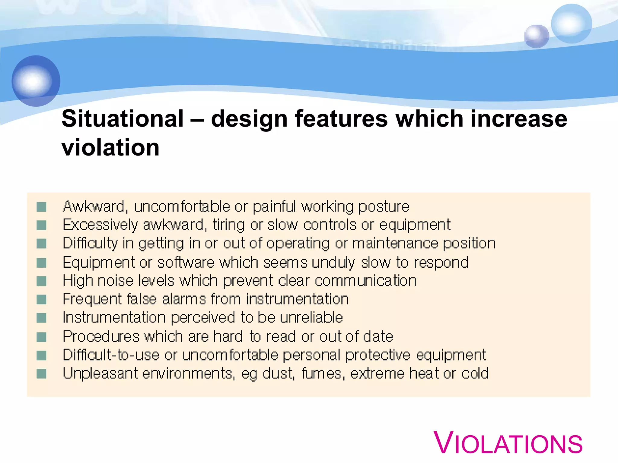 Situational – design features which increase
violation

VIOLATIONS

 