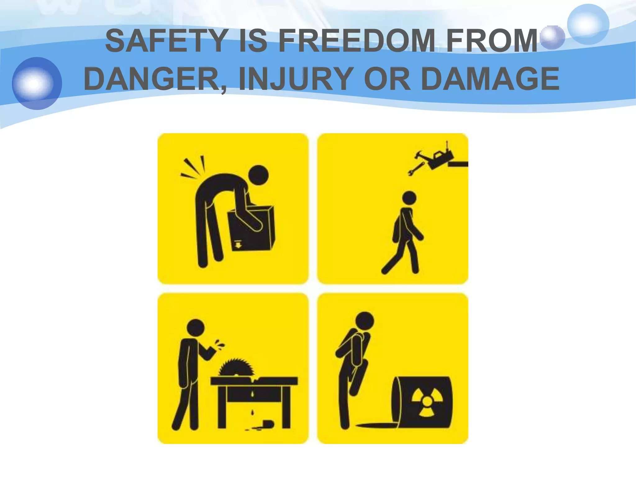 SAFETY IS FREEDOM FROM
DANGER, INJURY OR DAMAGE

 