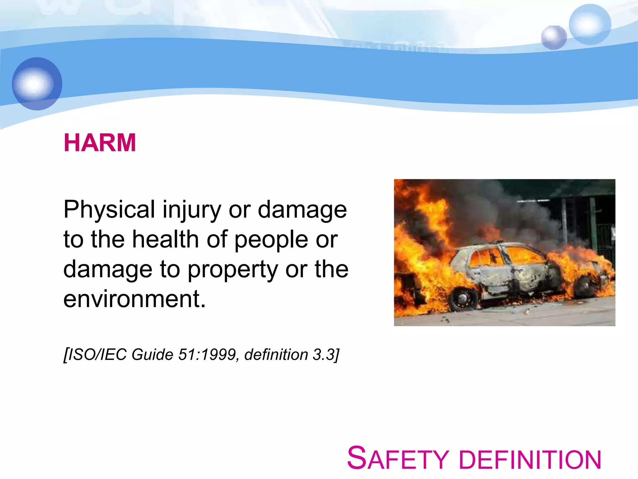 HARM
Physical injury or damage
to the health of people or
damage to property or the
environment.
[ISO/IEC Guide 51:1999, definition 3.3]

SAFETY DEFINITION

 