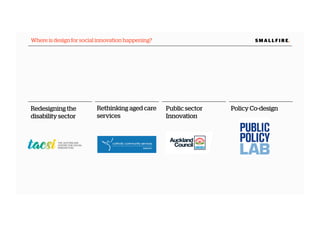 S M A L L F I R E.Where is design for social innovation happening?
Redesigning the
disability sector
Rethinking aged care
services
Public sector
Innovation
Policy Co-design
 