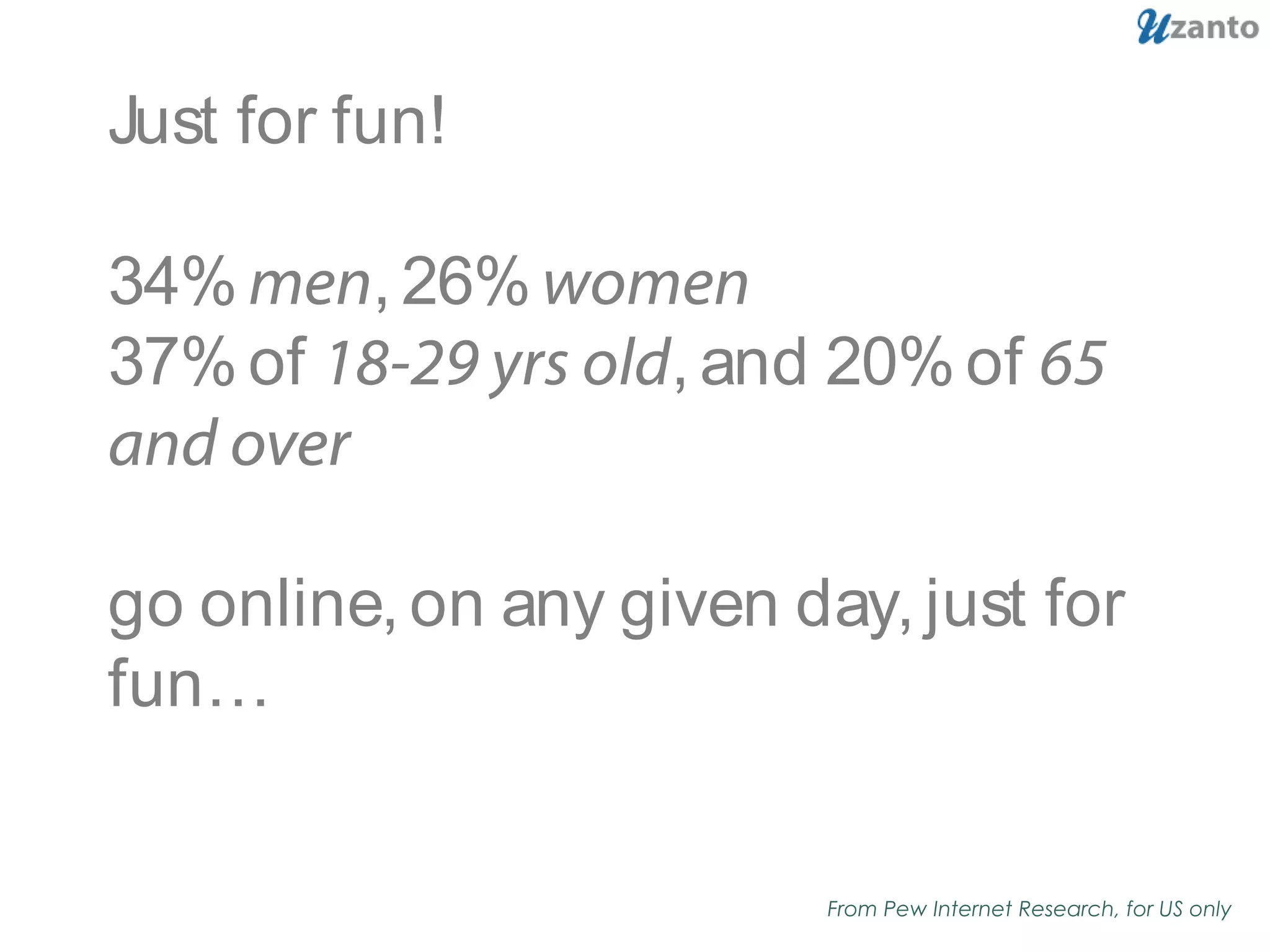 Just for fun!
34%men, 26%women
37%of 18-29 yrs old, and 20%of 65
and over
go online, on any given day, just for
fun…
From Pew Internet Research, for US only
 