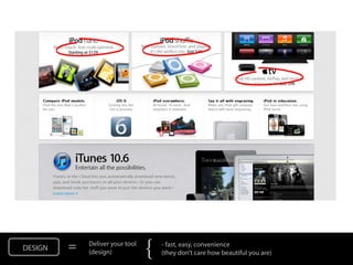DESIGN   =   Deliver your tool
             (design)            {   - fast, easy, convenience
                                     (they don’t care how beautiful you are)
 