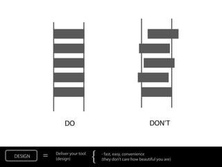 DO                                            DON’T



DESIGN   =   Deliver your tool
             (design)            {   - fast, easy, convenience
                                     (they don’t care how beautiful you are)
 
