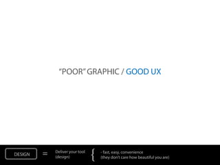 “POOR” GRAPHIC / GOOD UX




DESIGN   =   Deliver your tool
             (design)            {   - fast, easy, convenience
                                     (they don’t care how beautiful you are)
 