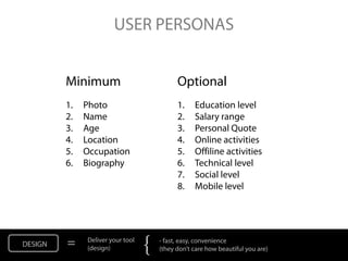 USER PERSONAS


         Minimum                            Optional
         1.   Photo                         1.    Education level
         2.   Name                          2.    Salary range
         3.   Age                           3.    Personal Quote
         4.   Location                      4.    Online activities
         5.   Occupation                    5.    Offiline activities
         6.   Biography                     6.    Technical level
                                            7.    Social level
                                            8.    Mobile level




DESIGN   =    Deliver your tool
              (design)            {   - fast, easy, convenience
                                      (they don’t care how beautiful you are)
 
