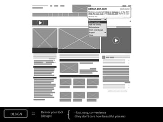DESIGN   =   Deliver your tool
             (design)            {   - fast, easy, convenience
                                     (they don’t care how beautiful you are)
 