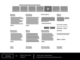 DESIGN   =   Deliver your tool
             (design)            {   - fast, easy, convenience
                                     (they don’t care how beautiful you are)
 