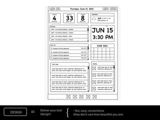 DESIGN   =   Deliver your tool
             (design)            {   - fast, easy, convenience
                                     (they don’t care how beautiful you are)
 