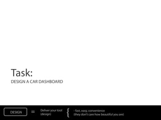 Task:
DESIGN A CAR DASHBOARD




DESIGN   =   Deliver your tool
             (design)            {   - fast, easy, conveni...