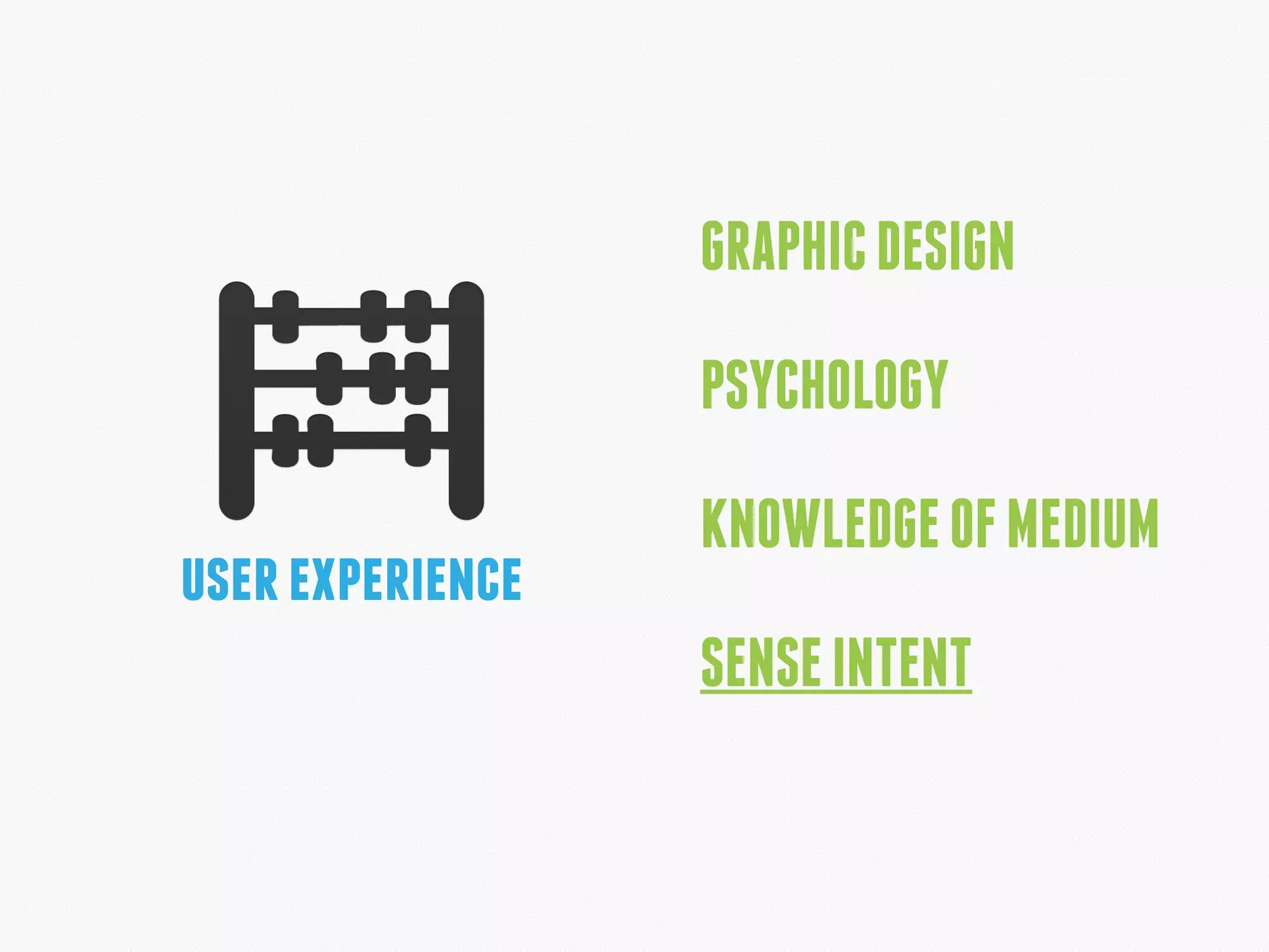 userexperience
GRAPHICDESIGN
PSYCHOLOGY 
KNOWLEDGEOFMEDIUM
SENSEINTENT
 