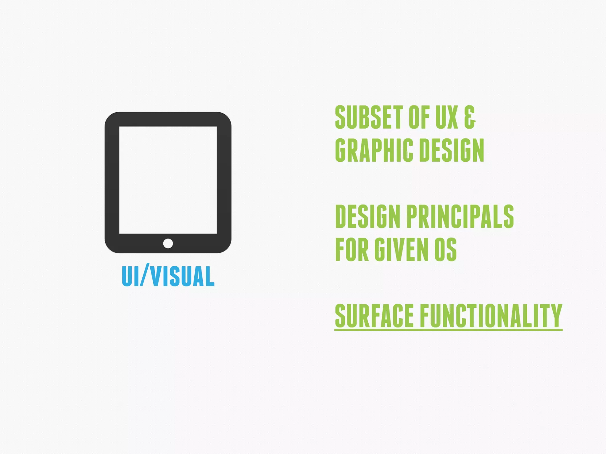 ui/visual
SUBSETOFUX&
GRAPHICDESIGN
DESIGNPRINCIPALS
FORGIVENOS
SURFACEFUNCTIONALITY
 