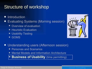 Structure of workshop Introduction Evaluating Systems (Morning session) Overview of evaluation   Heuristic Evaluation Usability Testing GOMS Understanding users (Afternoon session) Personas and Scenarios Mental Models and Information Architecture Business of Usability  (time permitting) 