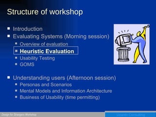 Structure of workshop Introduction Evaluating Systems (Morning session) Overview of evaluation   Heuristic Evaluation Usability Testing GOMS Understanding users (Afternoon session) Personas and Scenarios Mental Models and Information Architecture Business of Usability (time permitting) 