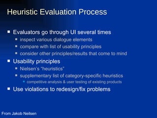 Heuristic Evaluation Process Evaluators go through UI several times inspect various dialogue elements compare with list of usability principles consider other principles/results that come to mind Usability principles Nielsen’s “heuristics” supplementary list of category-specific heuristics competitive analysis & user testing of existing products Use violations to redesign/fix problems From Jakob Neilsen 