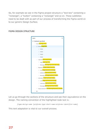 27
So, for example we see in the Figma project structure a “text box” containing a
“rectangle”, a “button” containing a “rectangle” and so on. These subtleties
need to be dealt with as part of our process of transforming the Figma world on
to our generic Design Surface.
FIGMA DESIGN STRUCTURE
Let us go through the sections of the structure and see their equivalence on the
design. The naming convention of the highlighted node text is:
figma-design-name [winforms-type-short-name:winforms-identifier-name]
This text adaptation is vital to our overall process.
 