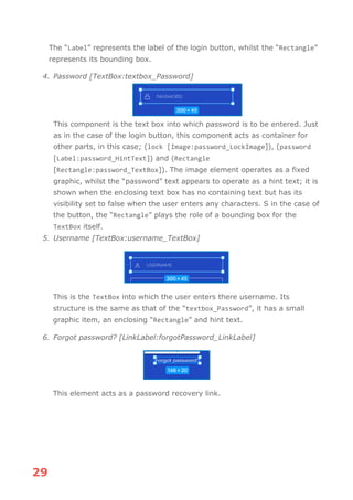 29
The “Label” represents the label of the login button, whilst the “Rectangle”
represents its bounding box.
4. Password [TextBox:textbox_Password]
This component is the text box into which password is to be entered. Just
as in the case of the login button, this component acts as container for
other parts, in this case; (lock [Image:password_LockImage]), (password
[Label:password_HintText]) and (Rectangle
[Rectangle:password_TextBox]). The image element operates as a fixed
graphic, whilst the “password” text appears to operate as a hint text; it is
shown when the enclosing text box has no containing text but has its
visibility set to false when the user enters any characters. S in the case of
the button, the “Rectangle” plays the role of a bounding box for the
TextBox itself.
5. Username [TextBox:username_TextBox]
This is the TextBox into which the user enters there username. Its
structure is the same as that of the “textbox_Password”, it has a small
graphic item, an enclosing “Rectangle” and hint text.
6. Forgot password? [LinkLabel:forgotPassword_LinkLabel]
This element acts as a password recovery link.
 