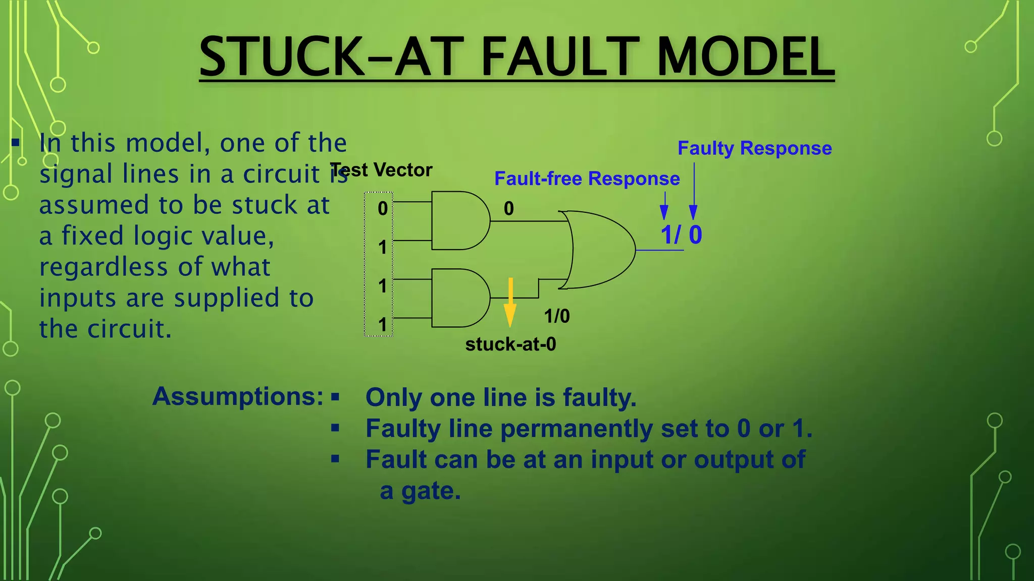 0
1
1
1
0
1/0
1/ 0
stuck-at-0
Fault-free ResponseTest Vector
Faulty Response
Assumptions:  Only one line is faulty.
 Faulty line permanently set to 0 or 1.
 Fault can be at an input or output of
a gate.
STUCK-AT FAULT MODEL
 In this model, one of the
signal lines in a circuit is
assumed to be stuck at
a fixed logic value,
regardless of what
inputs are supplied to
the circuit.
 