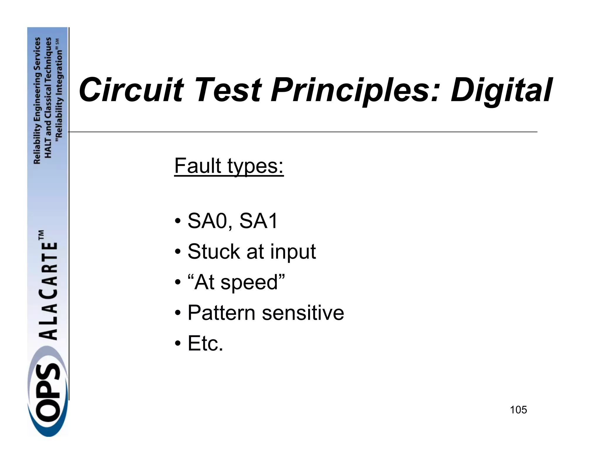 Circuit Test Principles: Digital

      Fault types:

      • SA0, SA1
      • Stuck at input
      • “At speed”
      • Pattern sensitive
      • Etc.

                             105
 