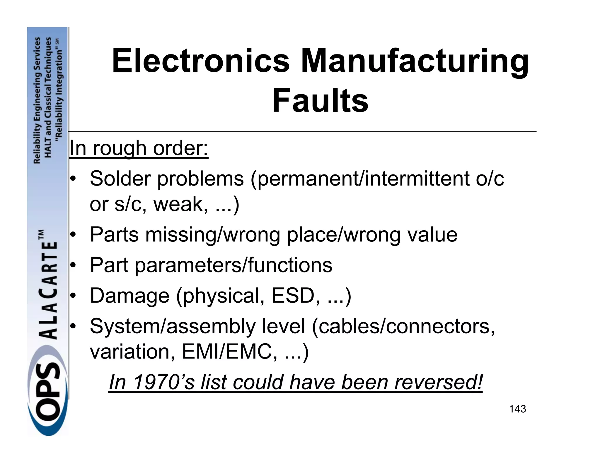 Electronics Manufacturing
              Faults
In rough order:
• Solder problems (permanent/intermittent o/c
  or s/c, weak, ...)
• Parts missing/wrong place/wrong value
• Part parameters/functions
• Damage (physical, ESD, ...)
• System/assembly level (cables/connectors,
  variation, EMI/EMC, ...)
     In 1970’s list could have been reversed!
                                                143
 