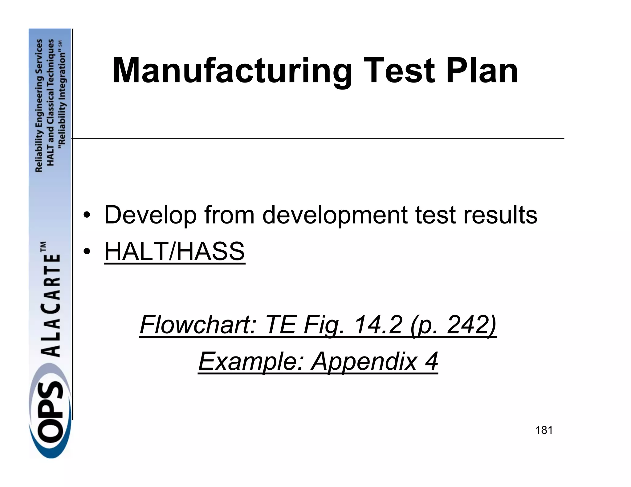 Manufacturing Test Plan



• Develop from development test results
• HALT/HASS

    Flowchart: TE Fig. 14.2 (p. 242)
        Example: Appendix 4

                                       181
 