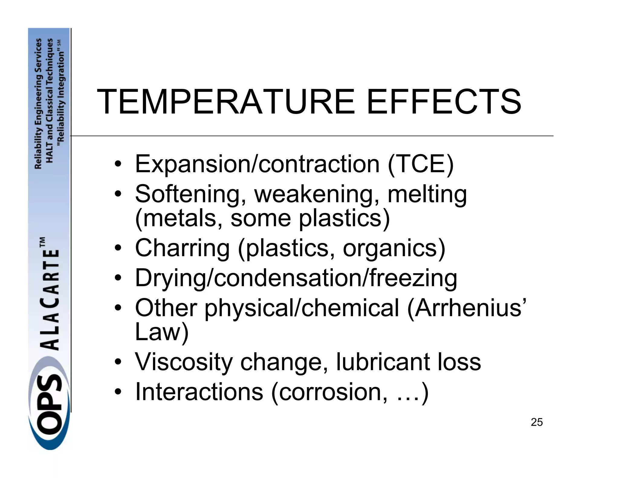 TEMPERATURE EFFECTS
• Expansion/contraction (TCE)
• Softening, weakening, melting
  (metals, some plastics)
• Charring (plastics, organics)
• Drying/condensation/freezing
• Other physical/chemical (Arrhenius’
  Law)
• Viscosity change, lubricant loss
• Interactions (corrosion, …)
                                        25
 