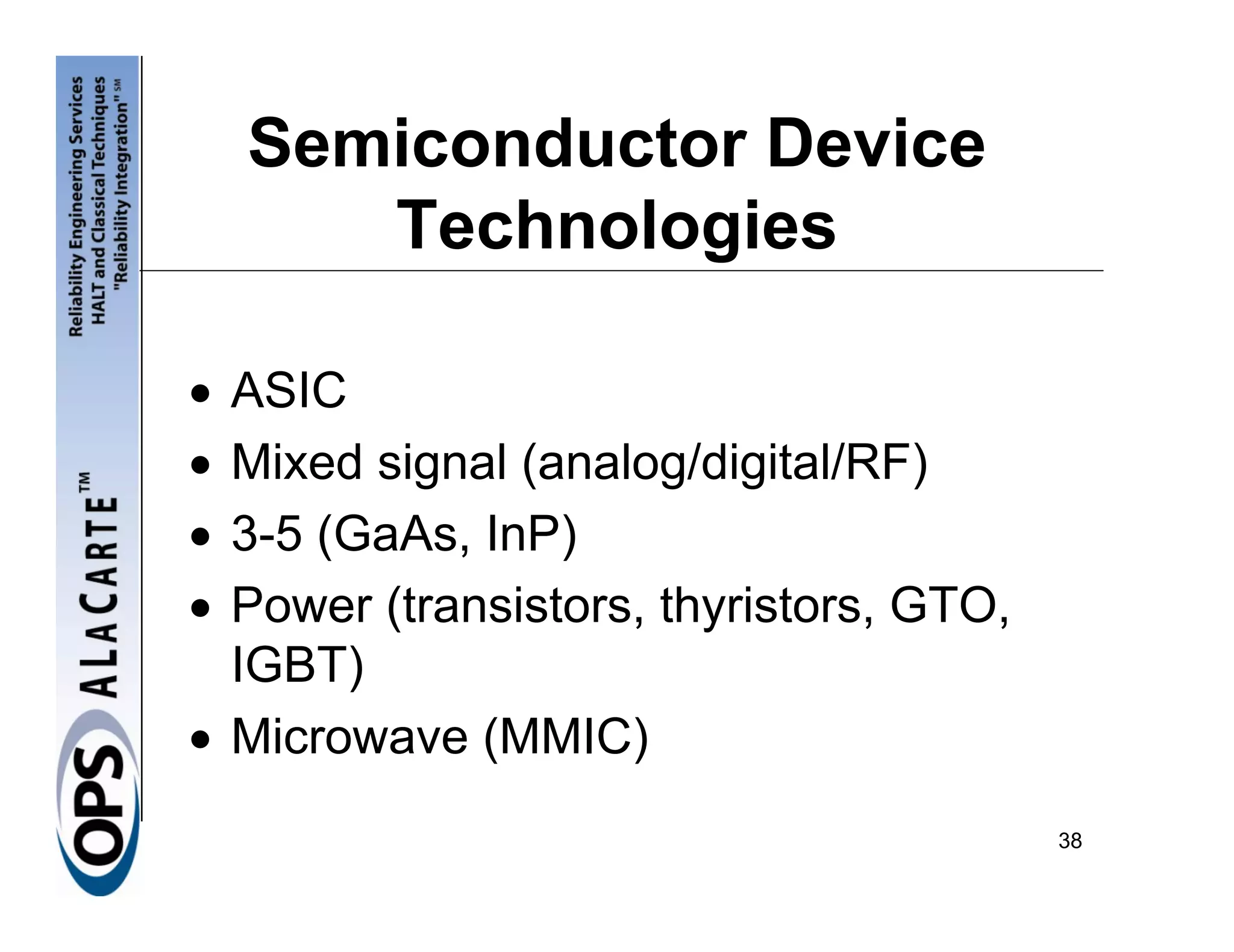 Semiconductor Device
       Technologies

• ASIC
• Mixed signal (analog/digital/RF)
• 3-5 (GaAs, InP)
• Power (transistors, thyristors, GTO,
  IGBT)
• Microwave (MMIC)
                                         38
 