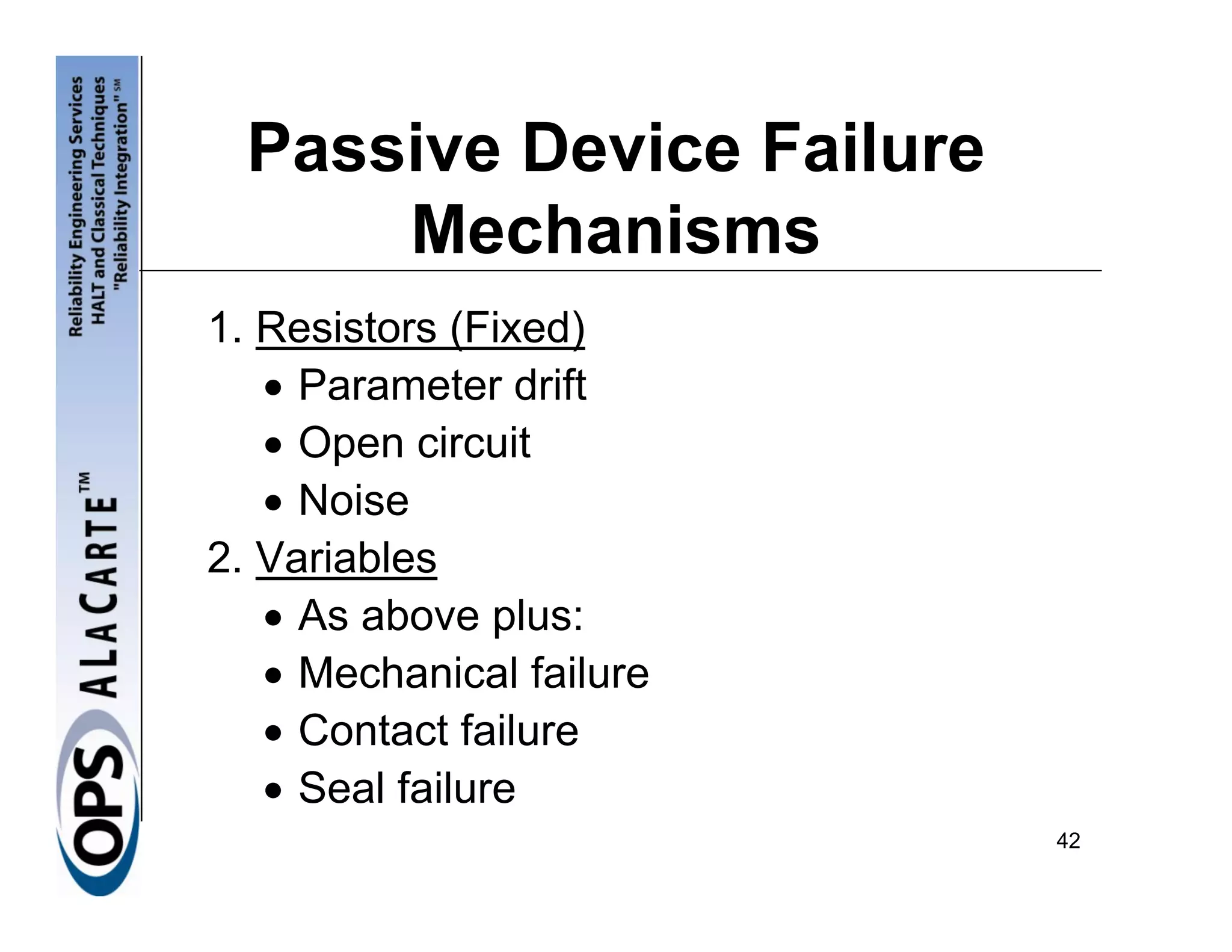 Passive Device Failure
      Mechanisms
1. Resistors (Fixed)
   • Parameter drift
   • Open circuit
   • Noise
2. Variables
   • As above plus:
   • Mechanical failure
   • Contact failure
   • Seal failure
                           42
 