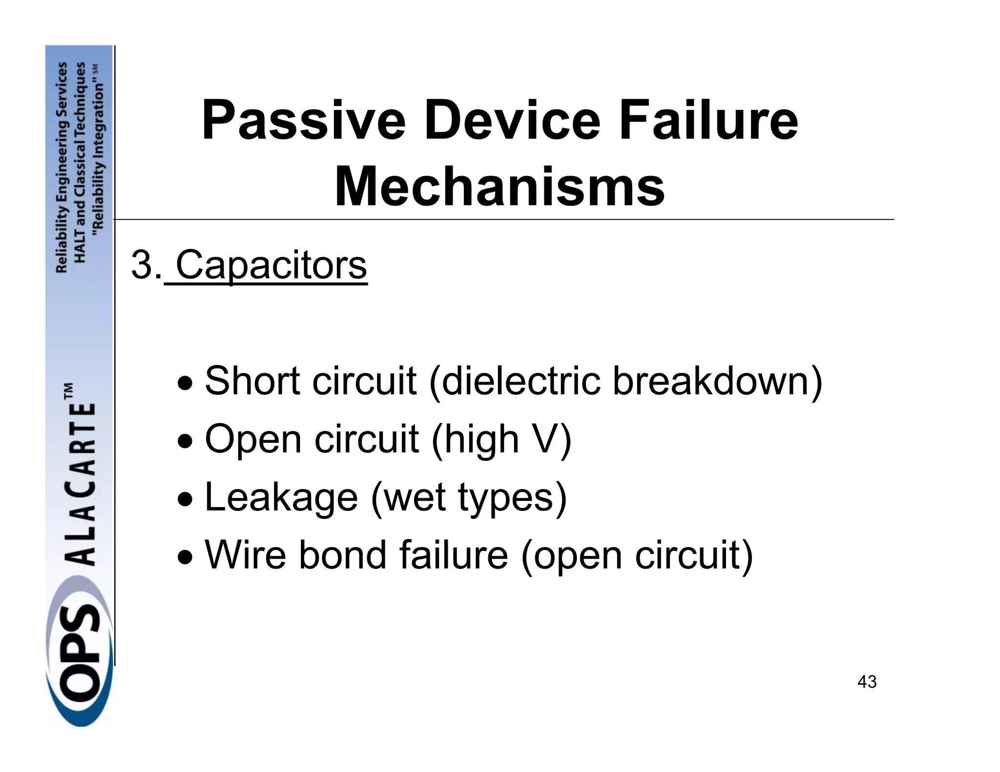 Passive Device Failure
       Mechanisms
3. Capacitors

  • Short circuit (dielectric breakdown)
  • Open circuit (high V)
  • Leakage (wet types)
  • Wire bond failure (open circuit)

                                           43
 