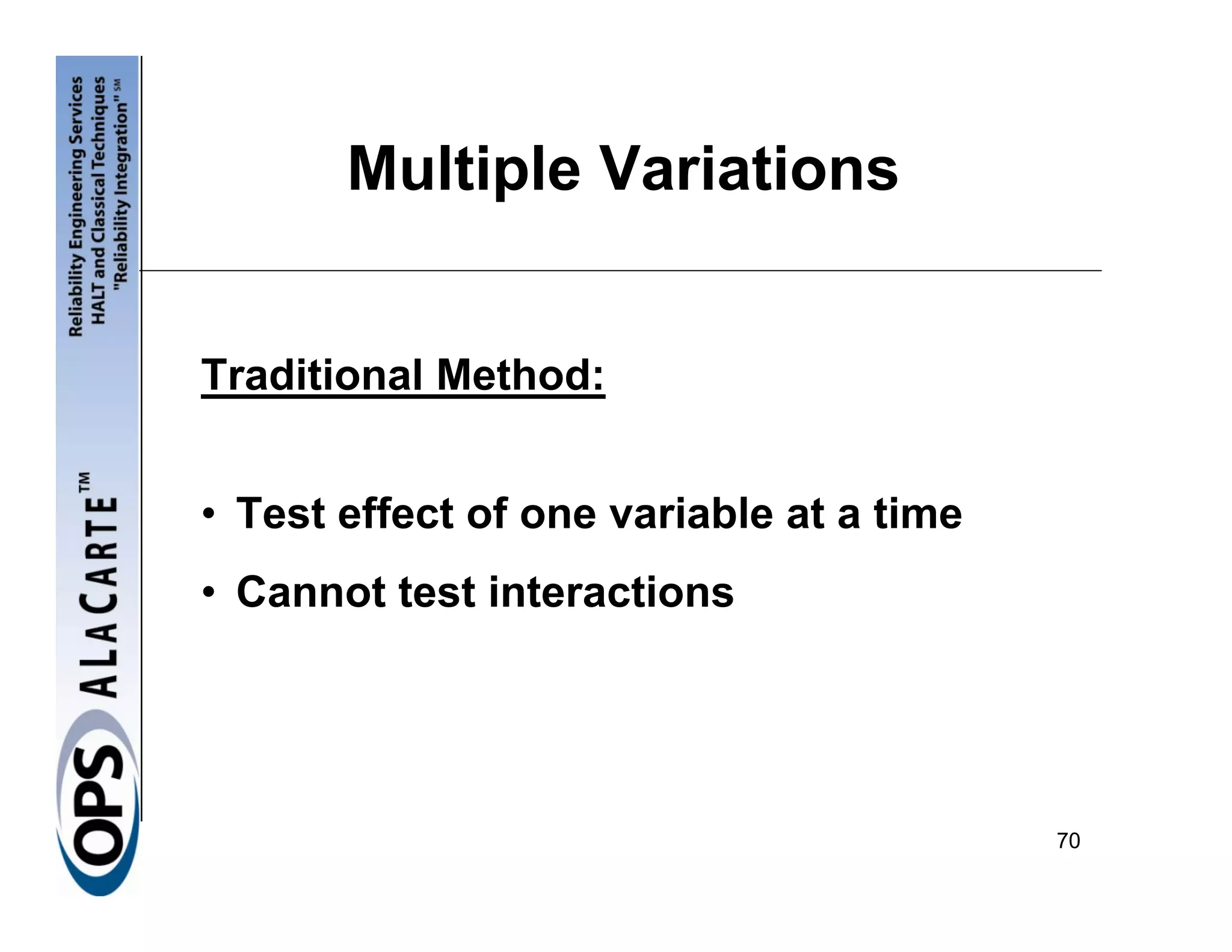 Multiple Variations


Traditional Method:


• Test effect of one variable at a time
• Cannot test interactions




                                          70
 