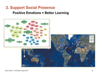 Dorian Peters (dorian-peters.com) - UX Australia, August 2017 16
1. Support a Positive Mood
Norman, Donald A. 2005. Emotional Design: Why We Love (or Hate) Everyday Things. Basic Books
– Positive emotion increases our ability to be
thorough, flexible and creative in problem solving, and it
improves learning
– “Positive emotions are critical to learning, curiosity and creative
thought” – Don Norman
Positive Emotions = Better Learning
 