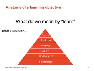 Dorian Peters (dorian-peters.com) - UX Australia, August 2017 22
Interface Design & Motivation
Example: Styling like a race primes learners to value speed,
efficiency and competition, while styling it like an adventure
could call on an inherent love of story and character.
Use aesthetics to tap into
meaningfulmotivators for the topic
 