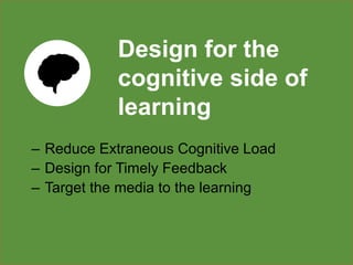 Dorian Peters (dorian-peters.com) - UX Australia, August 2017 4
UX for Learning (v. “normal” UX)
Design for the cognitive side of learning
Design for the emotional side of learning
Measure success via learning objectives
 