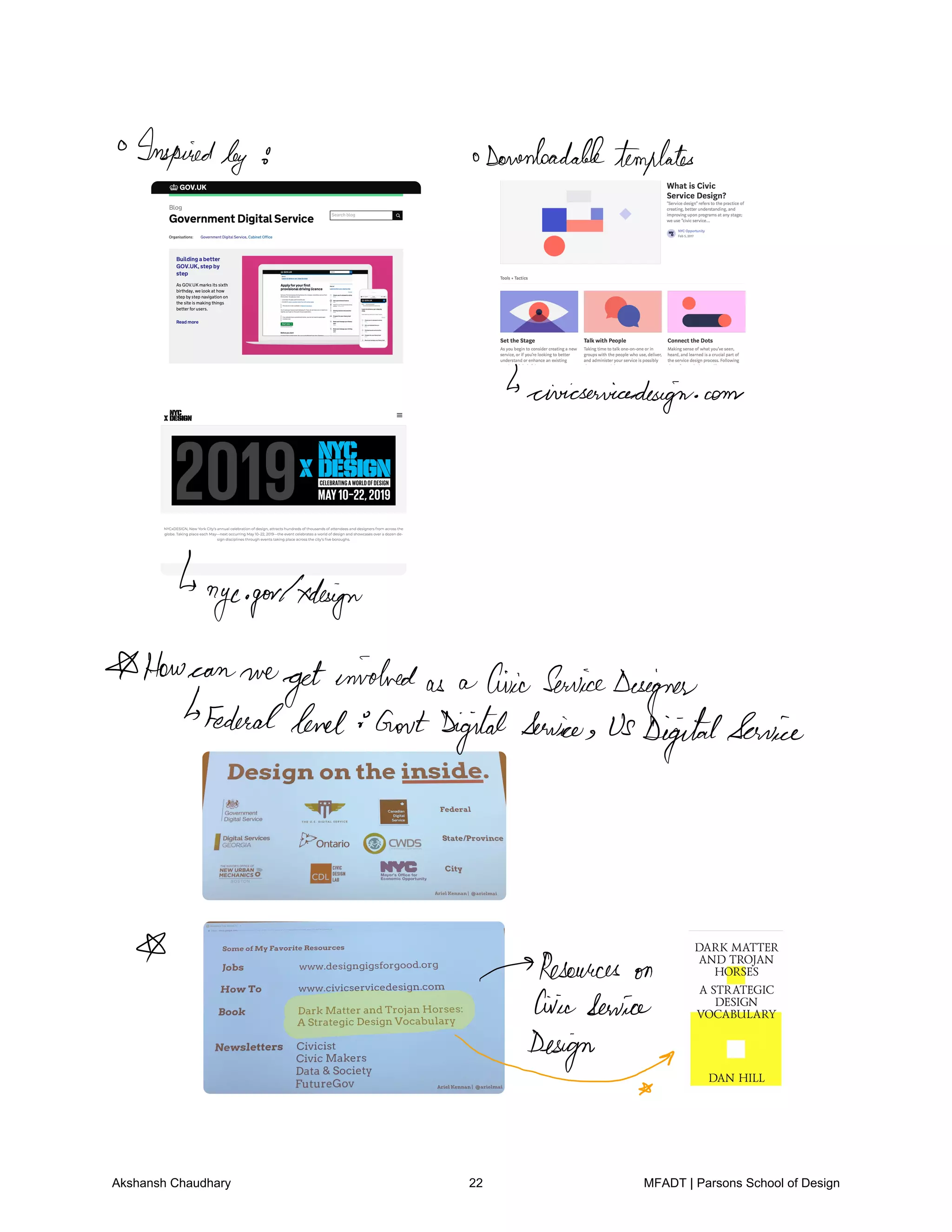 Inspired
by E oDownloadabletemplates
civicservicedesign com
nyc.gov xdesign
How can we
get
involved
as a CivicService
Designer
Federallevel GovtDigitalService UsDigitalService
Resources on
CivicService
Design
Akshansh Chaudhary 22 MFADT | Parsons School of Design
 