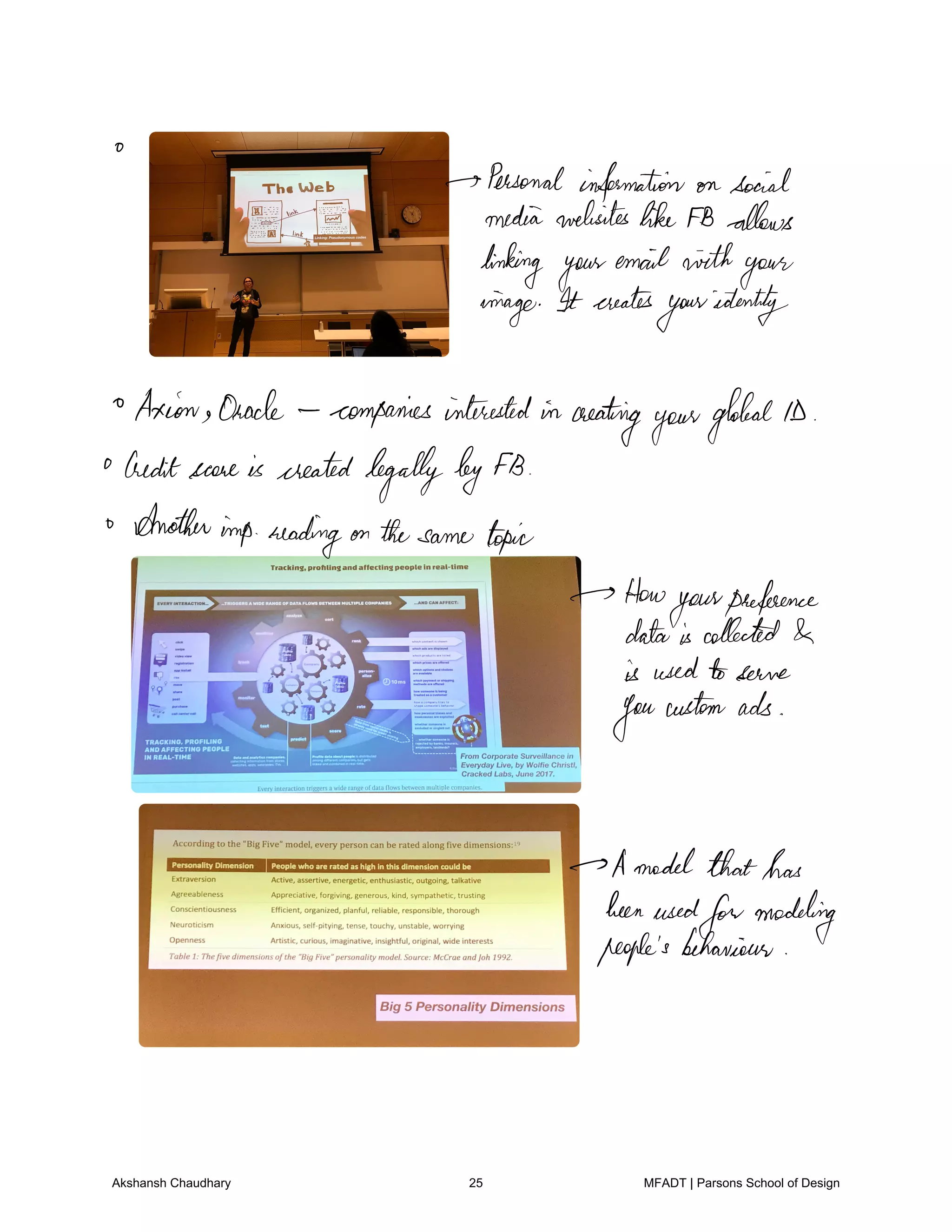 O
Personal information on social
mediawebsiteslikeFB allows
linking your
emailwith
your
ninage It creates
youridentity
Axiom Oracle companies interested in creating
yourglobalID
Creditscoreis createdlegallyby FB
Another
imp readingon thesame topic
How
your
preference
dataiscollected
is usedto serve
your
customads
Amodel thathas
beenused
formodeling
people's behaviour
Akshansh Chaudhary 25 MFADT | Parsons School of Design
 