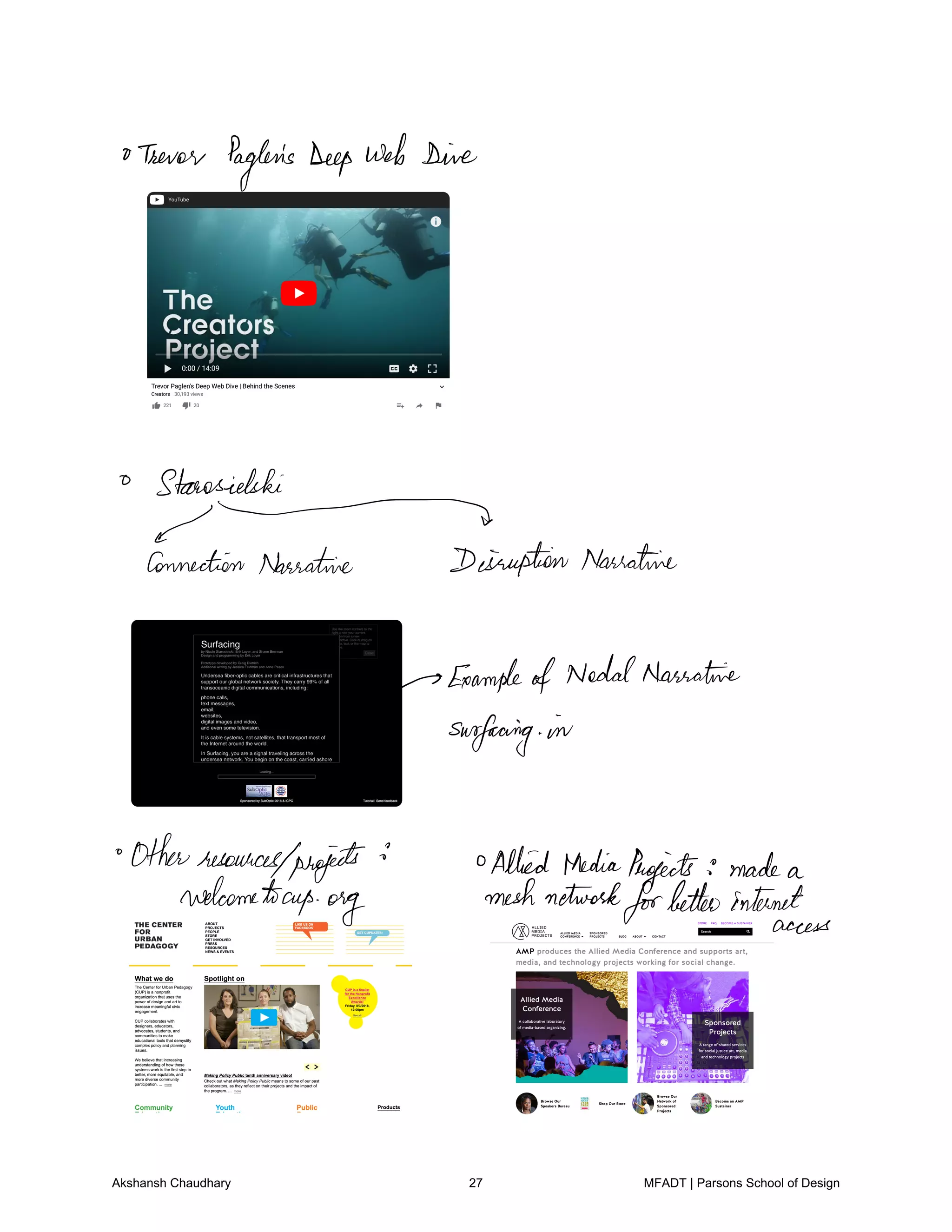 Trevor Paglen's DeepWeb Dine
Starosielski
a
ConnectionNarrative DisruptionNarrative
ExampleofNodalNarrative
surfacing in
Otherresourcedprojects Allied MediaProjects madea
welaemetays.org meshnetwork
forbetterinternet
access
Akshansh Chaudhary 27 MFADT | Parsons School of Design
 