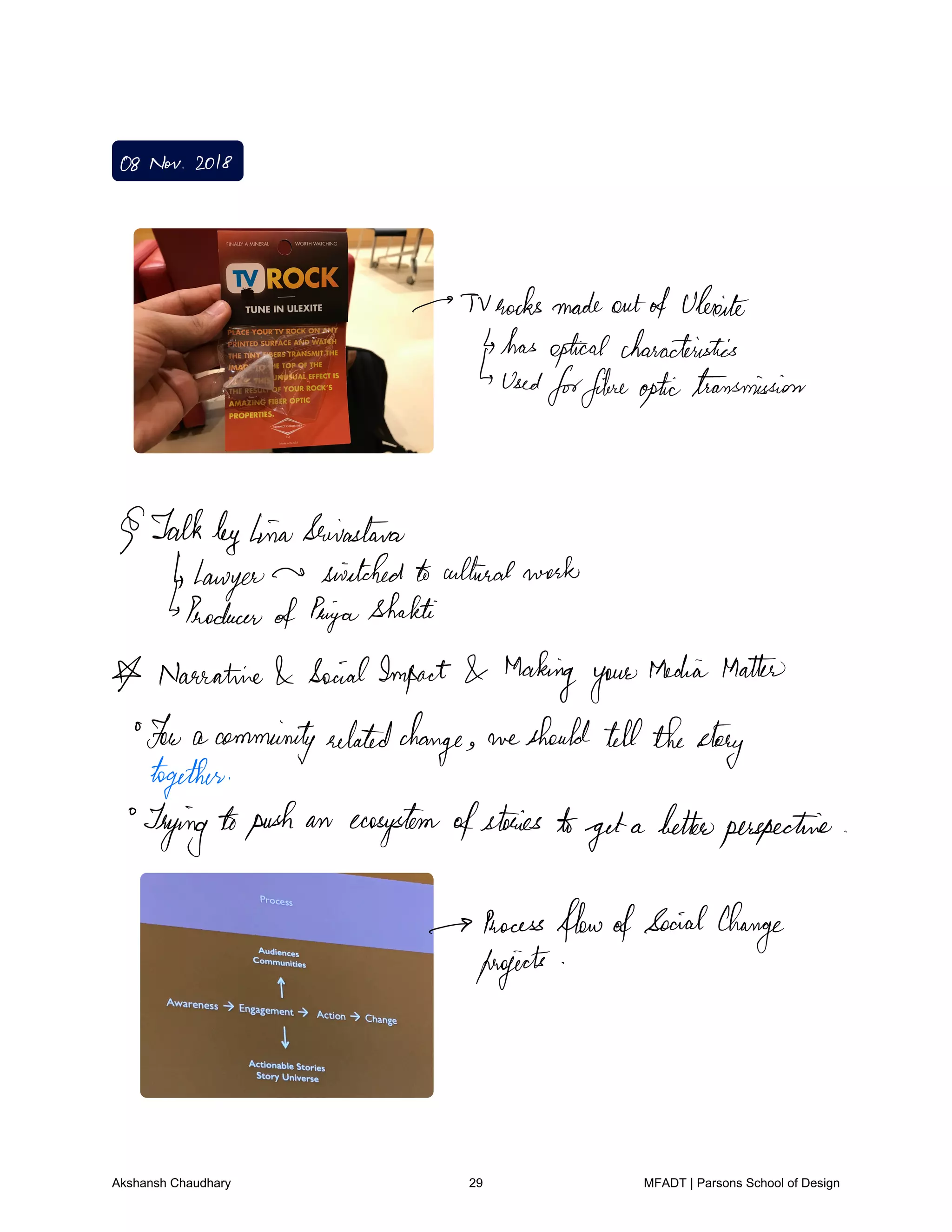 08Nov 2018
TVhacksmadeoutofUlexitt
hasopticalcharacteristics
Used
forfibreoptictransmission
TalkbyLinaSrivastava
4Lawyer
snitchedtoculturalwork
Producer
ofPriyaShakti
Narrative SocialImpact Makingyour
MediaMatteo
Few a comminityrelatedchange weshould tellthestory
together
Tryingtopush an ecosystemofstories to
geta betterperspective
ProcessflowofSocialchange
projects
Akshansh Chaudhary 29 MFADT | Parsons School of Design
 