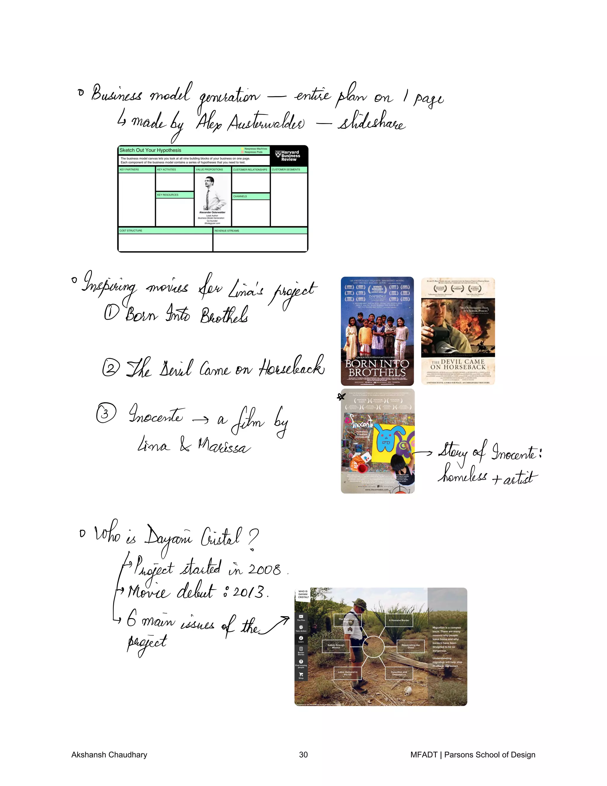 Businessmodelgeneration entireplan on 1page
madeby AlexAustinaldeo slideshow
Inspiring movies
forLina's
project
BornInto Brothels
TheDevilCame on Horseback
Inocenti a
filmby
Lina Marissa StoryofInocenti
homeless
artist
whois DayaniCristal
Projectstarted in 2008
Moviedebut 2013
6mainissues
of 1
project
Akshansh Chaudhary 30 MFADT | Parsons School of Design
 