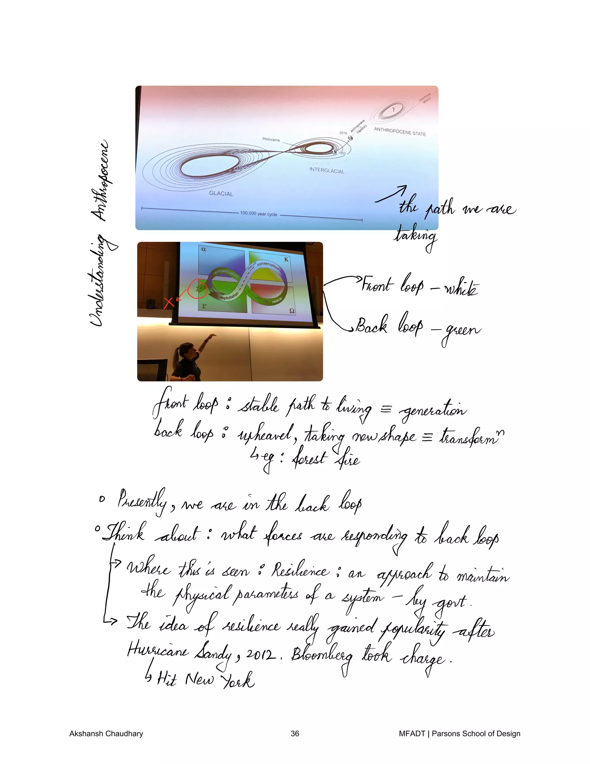 god thepath we are
T
taking
0
font
loop white
Back loop
green
frontloop stablepathtoliving generation
backloop 8 upheaval taking newshape transform
eg forestfire
Presently we are in thebackloop
Thinkabout whatforces are responding tobackloop
wherethisis seen 8Resilience an approachtomaintain
thephysicalparameters of a
system bygovt
TheideaofresiliencereallygainedpopularityafterHurricaneSandy so12 Bloomberg tookcharge
Hit NewYork
Akshansh Chaudhary 36 MFADT | Parsons School of Design
 