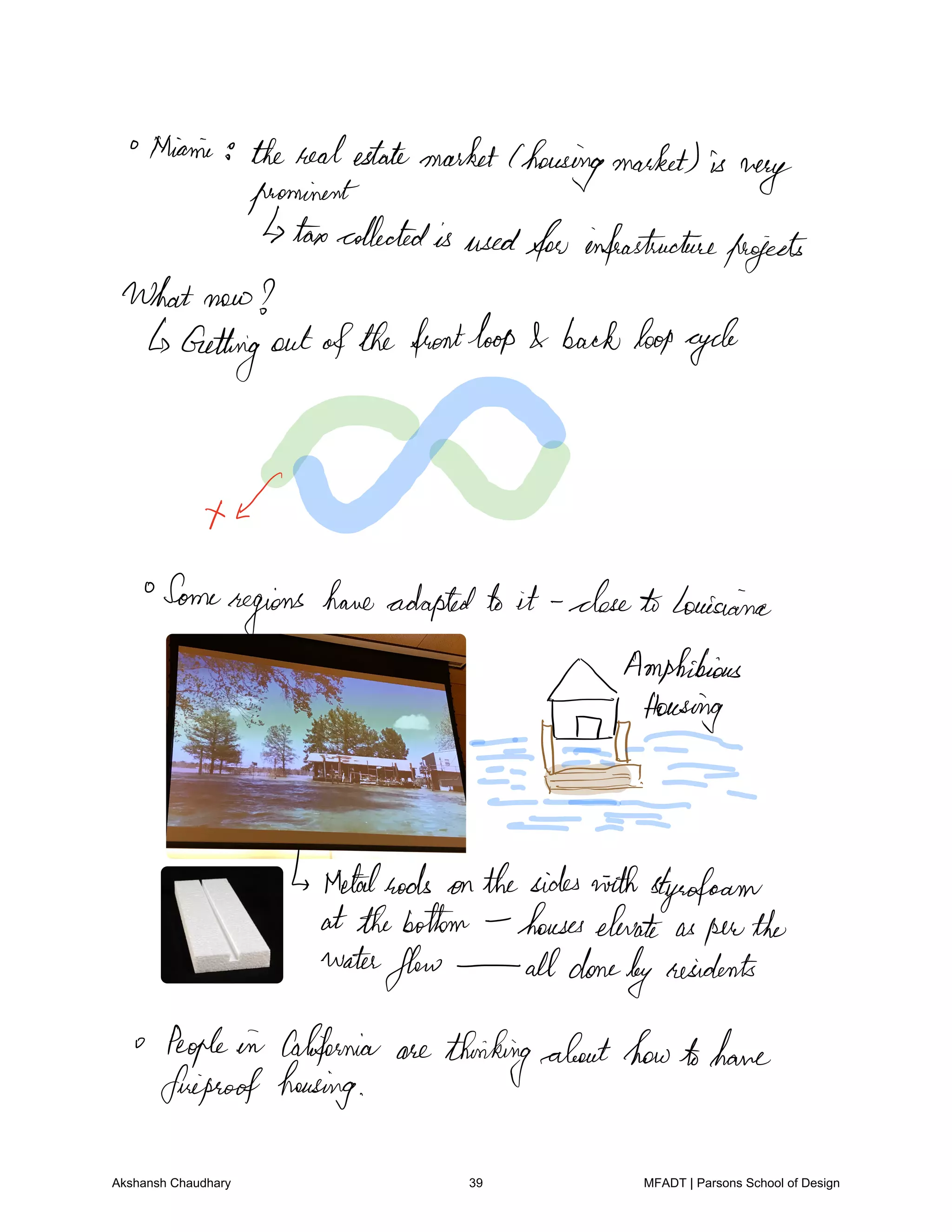 thiamin therealestatemarketChousingmarkets is
veryprominent
taxcollectedis usedfor infrastructureprojects
what now
Getting out ofthefrontloop backloopcycle
I
Some
regions
haveadaptedto it closetoLouisiana
Amphibious
M 1
Housing
Metalrods on thesidesninthstyrofoam
atthebottom houseselevate as perthe
waterflow alldonebyresidents
People in California are thinkingabouthowtohave
fireproof housing
Akshansh Chaudhary 39 MFADT | Parsons School of Design
 