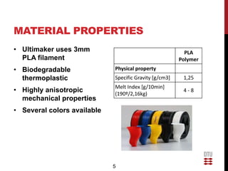 MATERIAL PROPERTIES
• Ultimaker uses 3mm                                      PLA
  PLA filament                                          Polymer
• Biodegradable              Physical property
  thermoplastic              Specific Gravity [g/cm3]    1,25
                             Melt Index [g/10min]
• Highly anisotropic         (190º/2,16kg)
                                                         4-8
  mechanical properties
• Several colors available




                             5
 