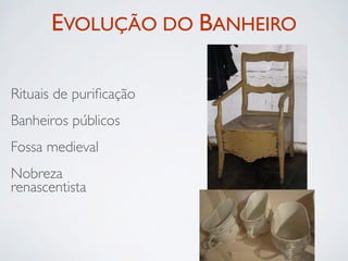 EVOLUÇÃO DO BANHEIRO

Rituais de puriﬁcação
Banheiros públicos
Fossa medieval
Nobreza
renascentista
 
