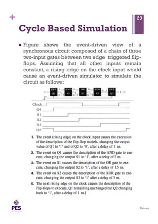 Shivoo
+
Cycle Based Simulation
  Figure shows the event-driven view of a
synchronous circuit composed of a chain of three
two-input gates between two edge triggered flip-
flops. Assuming that all other inputs remain
constant, a rising edge on the clock input would
cause an event-driven simulator to simulate the
circuit as follows:
23
 