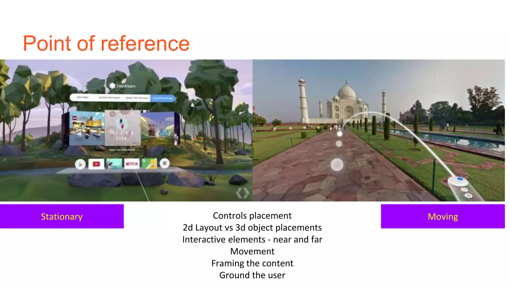 Point of reference
Stationary MovingControls placement
2d Layout vs 3d object placements
Interactive elements - near and far
Movement
Framing the content
Ground the user
 