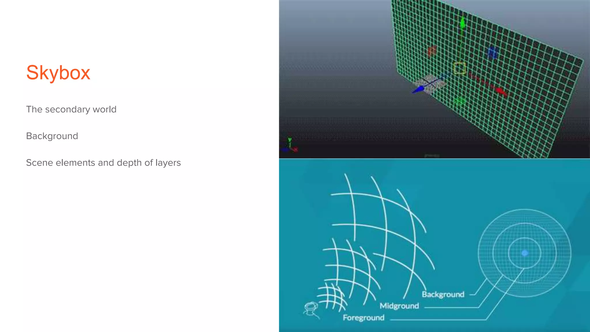 Skybox
The secondary world
Background
Scene elements and depth of layers
 