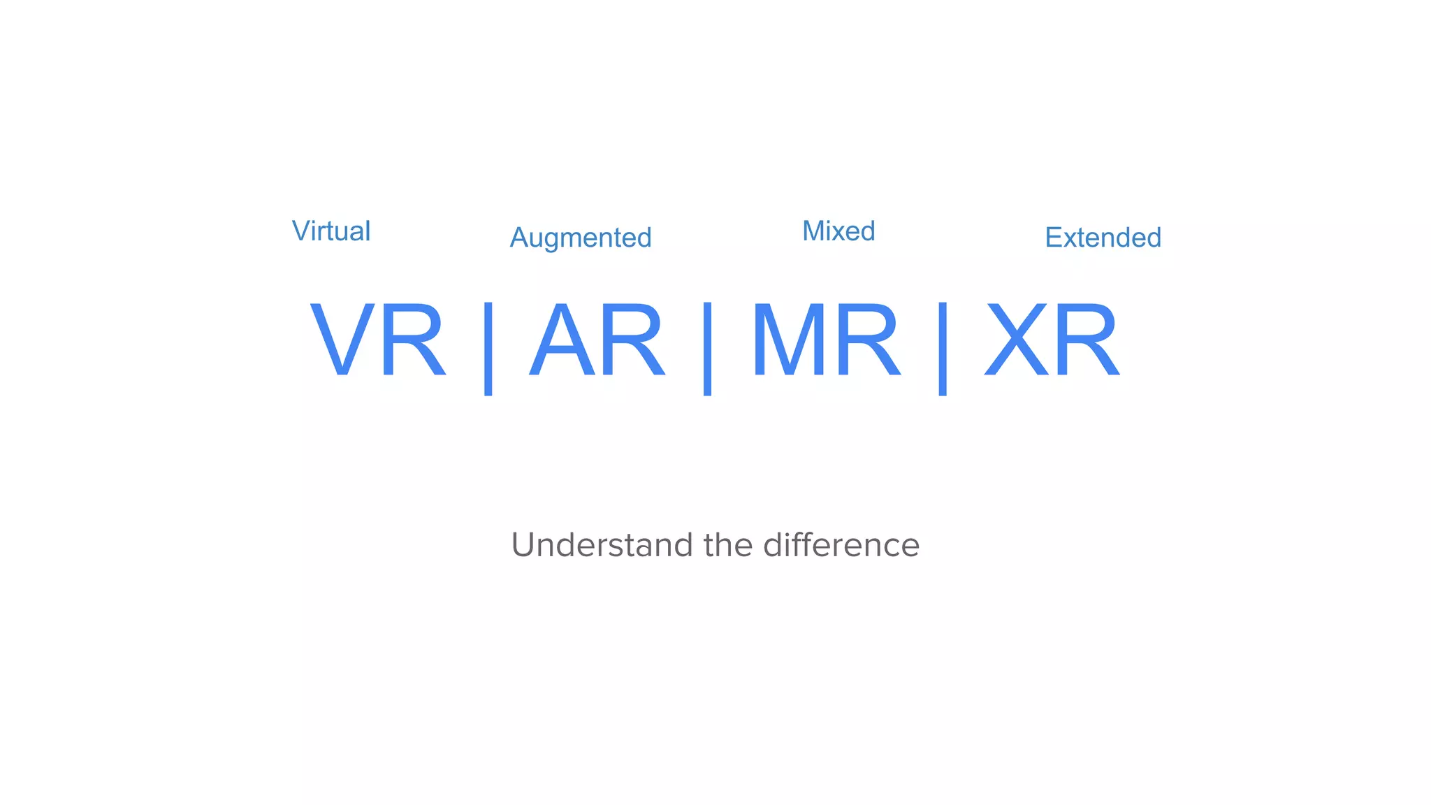 VR | AR | MR | XR
Understand the difference or similarities
Virtual | Augmented | Mixed | Extended
Understand the difference
Virtual Augmented Mixed Extended
 