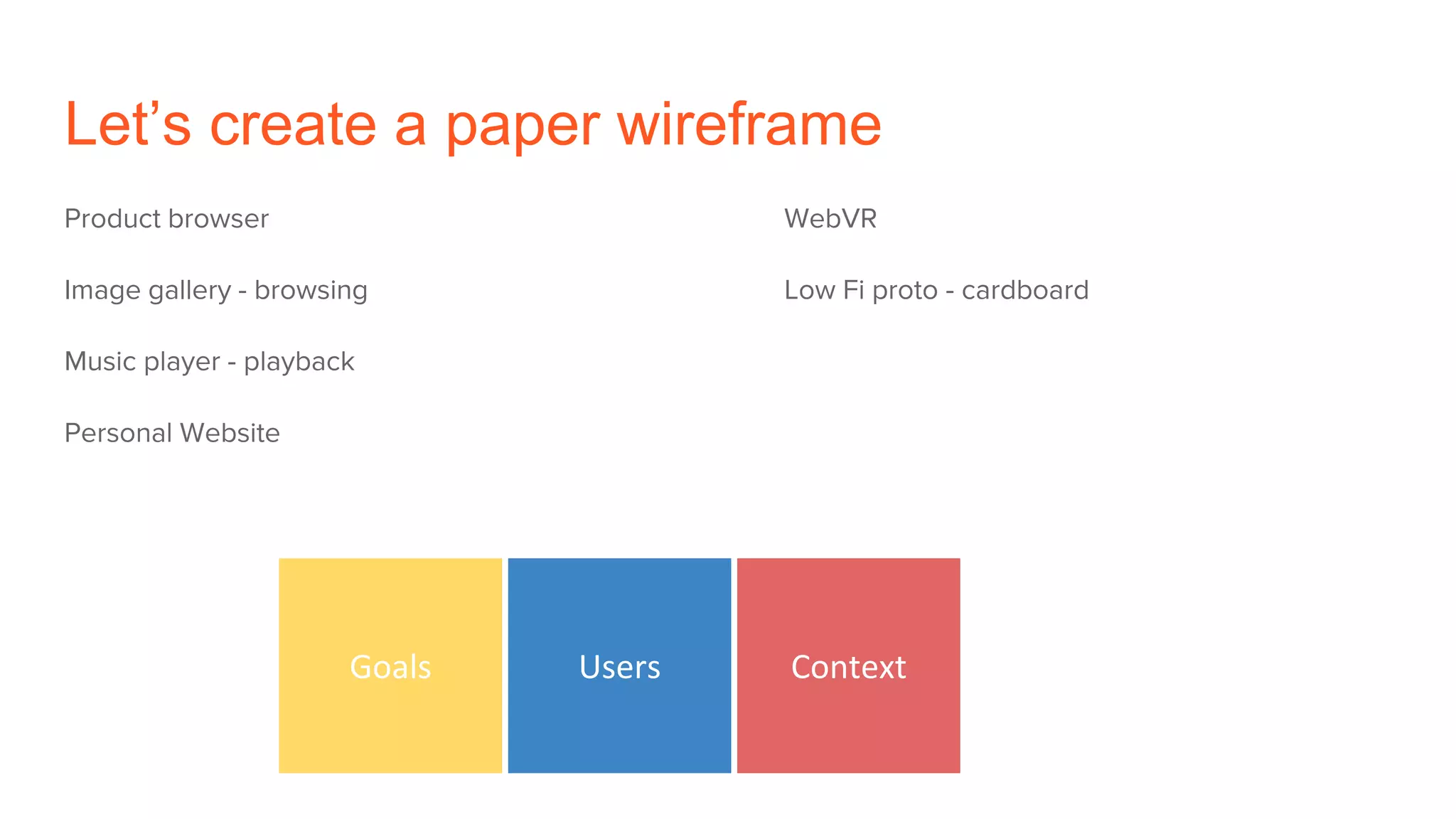 Let’s create a paper wireframe
Product browser
Image gallery - browsing
Music player - playback
Personal Website
WebVR
Low Fi proto - cardboard
UsersGoals Context
 