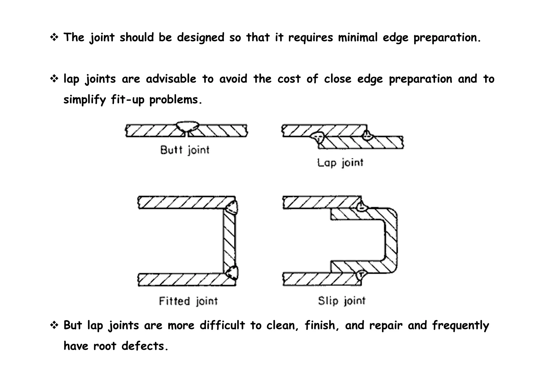 The joint should be designed so that it requires minimal edge preparation.
 lap joints are advisable to avoid the cost of close edge preparation and to
simplify fit-up problems.
 But lap joints are more difficult to clean, finish, and repair and frequently
have root defects.
 