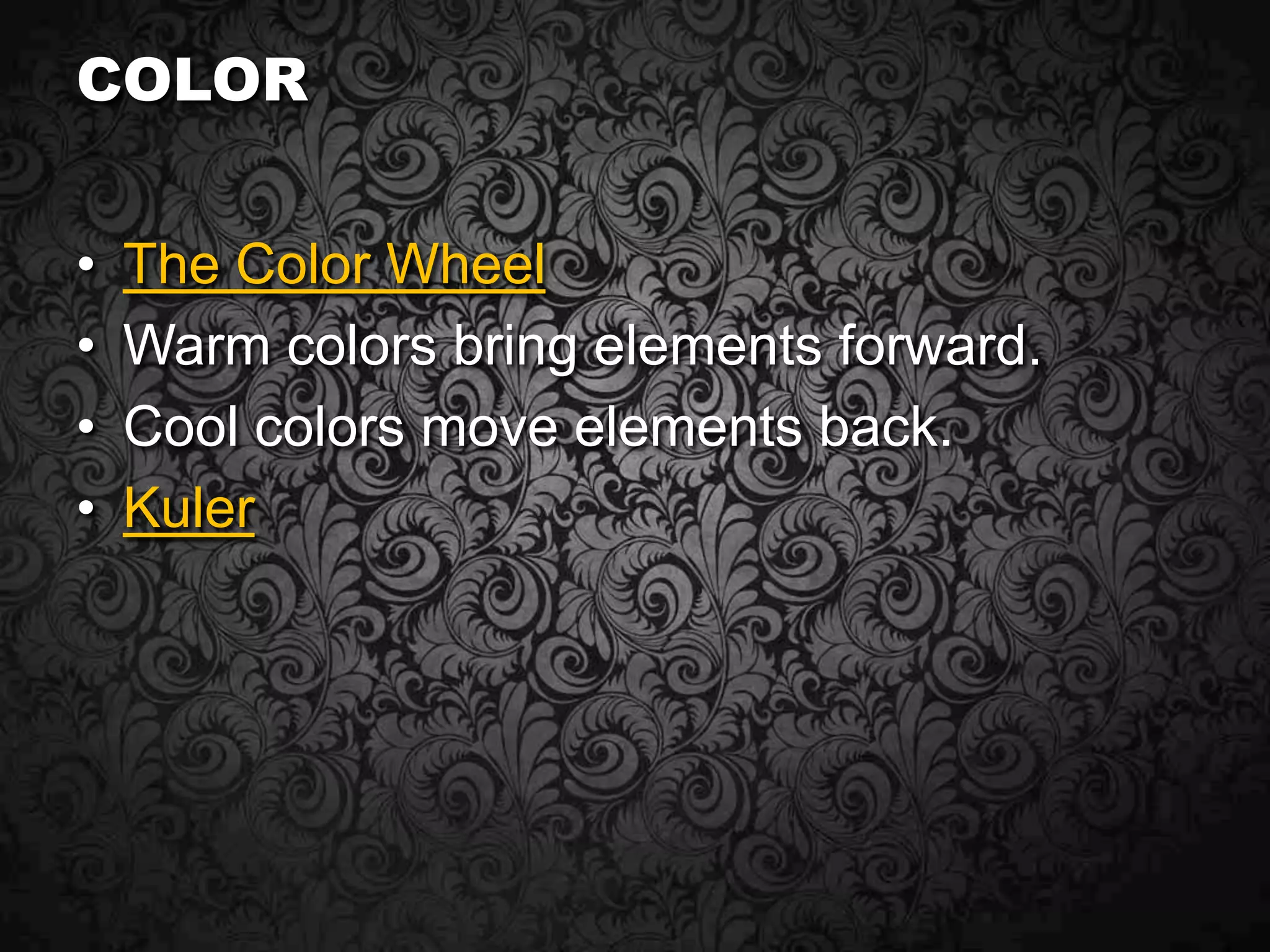 Design fundamentalsLayoutGrid, Golden Ratio, Space, Balance, Variety, Hierarchy, DirectionTypographySerif vs. SansColorColor Wheel, Color Choices, Meaning