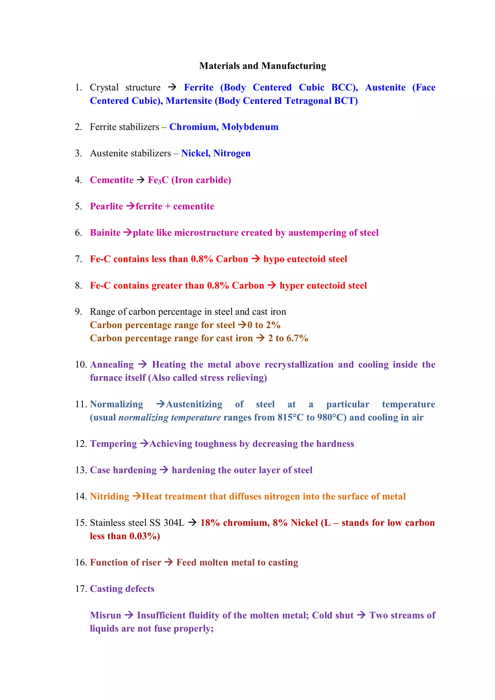 Materials and Manufacturing
1. Crystal structure  Ferrite (Body Centered Cubic BCC), Austenite (Face
Centered Cubic), Martensite (Body Centered Tetragonal BCT)
2. Ferrite stabilizers – Chromium, Molybdenum
3. Austenite stabilizers – Nickel, Nitrogen
4. Cementite  Fe3C (Iron carbide)
5. Pearlite ferrite + cementite
6. Bainite plate like microstructure created by austempering of steel
7. Fe-C contains less than 0.8% Carbon  hypo eutectoid steel
8. Fe-C contains greater than 0.8% Carbon  hyper eutectoid steel
9. Range of carbon percentage in steel and cast iron
Carbon percentage range for steel 0 to 2%
Carbon percentage range for cast iron  2 to 6.7%
10. Annealing  Heating the metal above recrystallization and cooling inside the
furnace itself (Also called stress relieving)
11. Normalizing Austenitizing of steel at a particular temperature
(usual normalizing temperature ranges from 815°C to 980°C) and cooling in air
12. Tempering Achieving toughness by decreasing the hardness
13. Case hardening  hardening the outer layer of steel
14. Nitriding Heat treatment that diffuses nitrogen into the surface of metal
15. Stainless steel SS 304L  18% chromium, 8% Nickel (L – stands for low carbon
less than 0.03%)
16. Function of riser  Feed molten metal to casting
17. Casting defects
Misrun  Insufficient fluidity of the molten metal; Cold shut  Two streams of
liquids are not fuse properly;
 